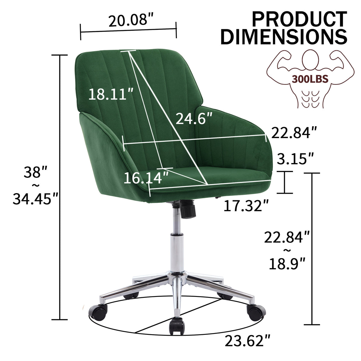 TY Adjustable Office Chair, Ergonomic Swivel Chair with Velvet Backrest Seat in Green, Comfortable for Long Sitting