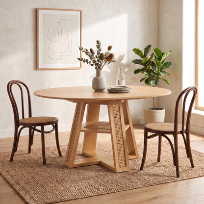 43.3'-59.05' Extendable Round Dining Table for 4-6, Round-to-Oval Kitchen Table with Removable Extension Leaf, Cross-Shaped Base and Storage Shelf, Natural