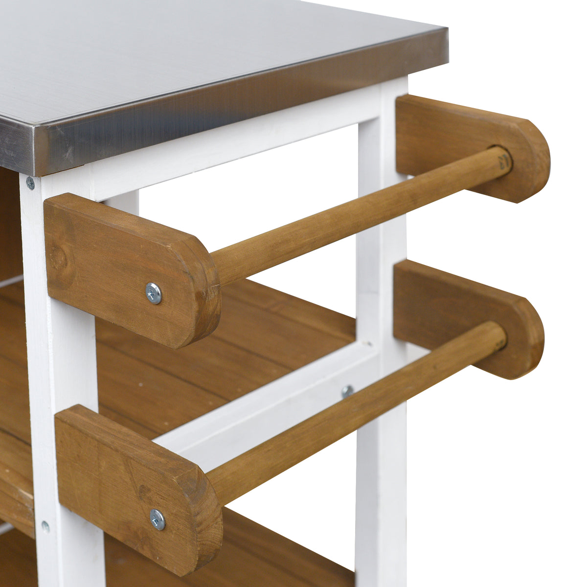 Foldable Outdoor Kitchen Island with Stainless Steel Worktop and Wood Frame, White+Brown, Portable Prep Station