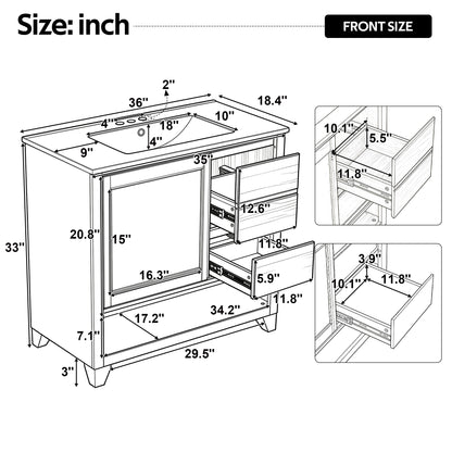 [Video] 36" Bathroom Vanity with Ceramic Sink, Bathroom Cabinet with Drawers, Solid Wood Legs, Soft-close Slides, Single Package, Natural