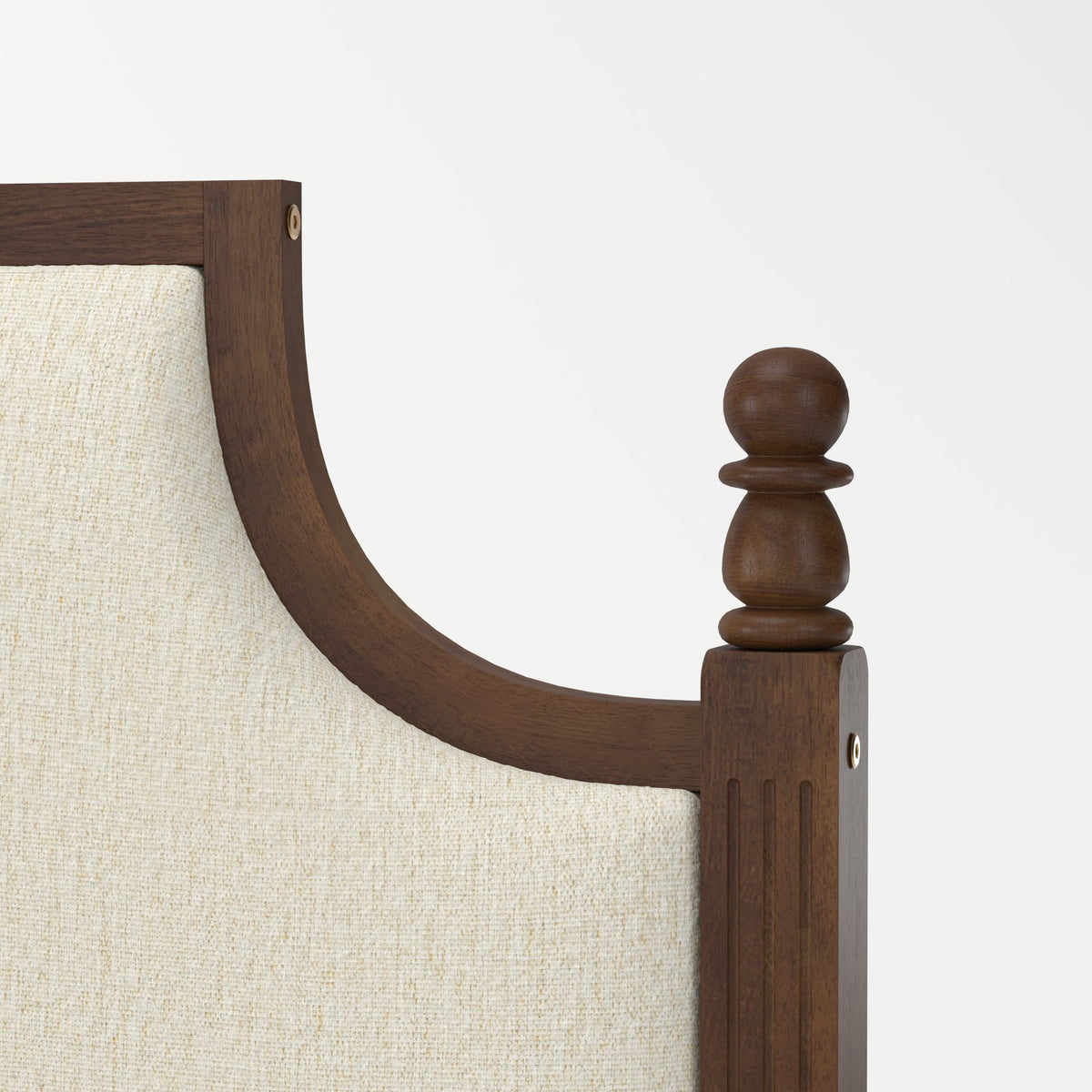 King Size Farmhouse Solid Wood Platform Bed Frame, with 50.8" Tall Beige Linen Upholstered Headboard, decorative turned bed posts, No Box Spring Needed, Walnut