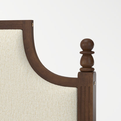 King Size Farmhouse Solid Wood Platform Bed Frame, with 50.8" Tall Beige Linen Upholstered Headboard, decorative turned bed posts, No Box Spring Needed, Walnut