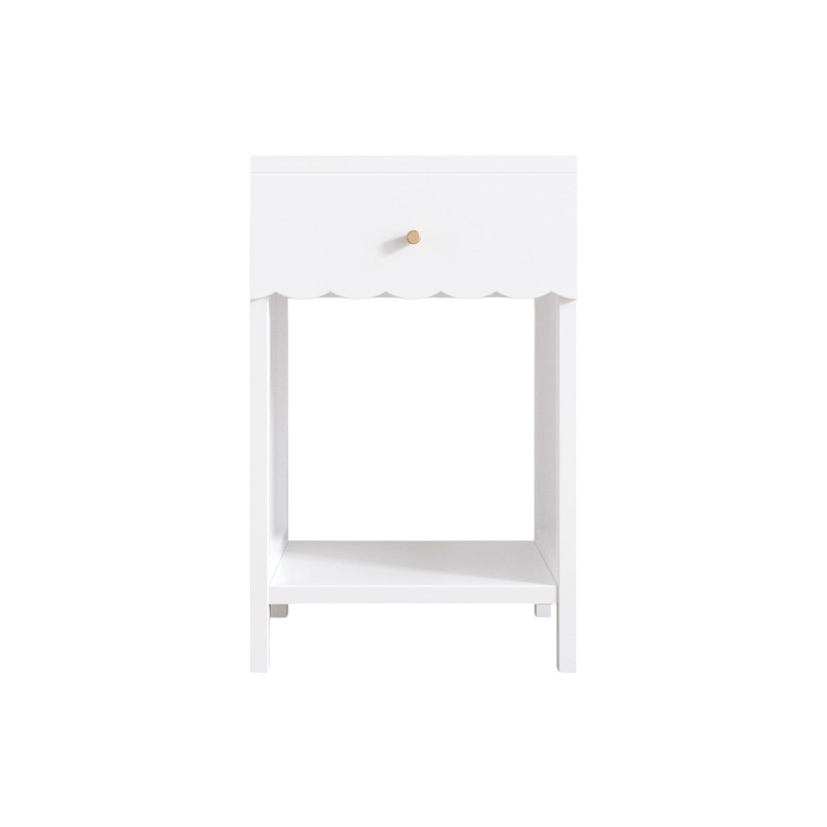 Modern White Nightstand with Drawer and Open Shelf,Scalloped Edge Bedside Table for Bedroom, Cute Minimalist Side Table for Kids Room or Girls' Room