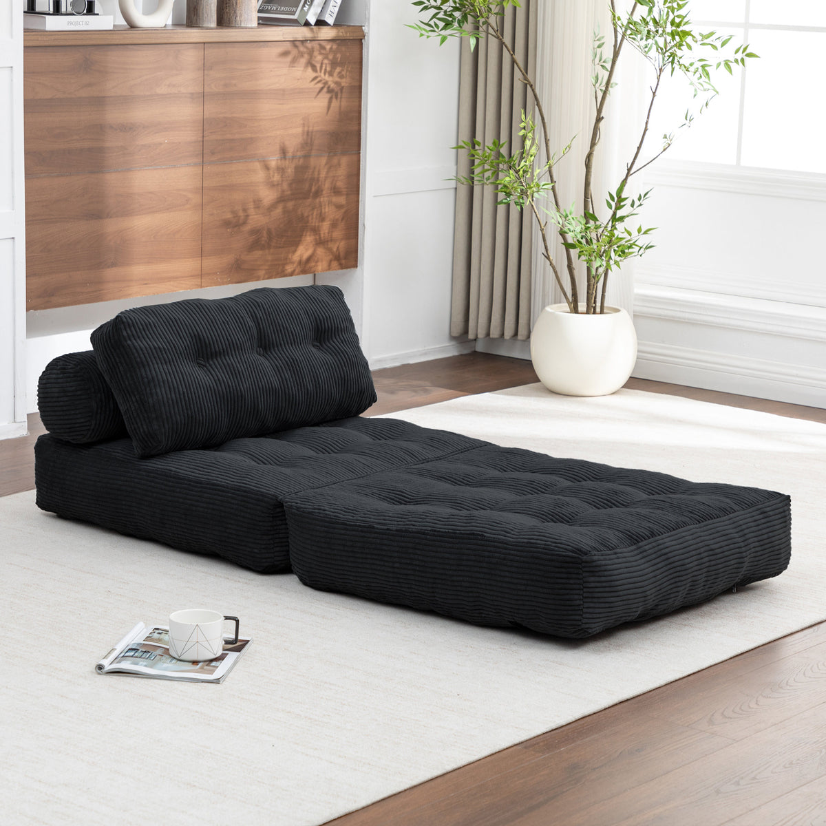 Folding Sofa Bed, Convertible Sleeper Chair with Pillow Foldable Mattress with Back Support, Portable Fold Out Chair Bed Comfy Floor Sofa Lounge for Living Room Bedroom, Black , Single