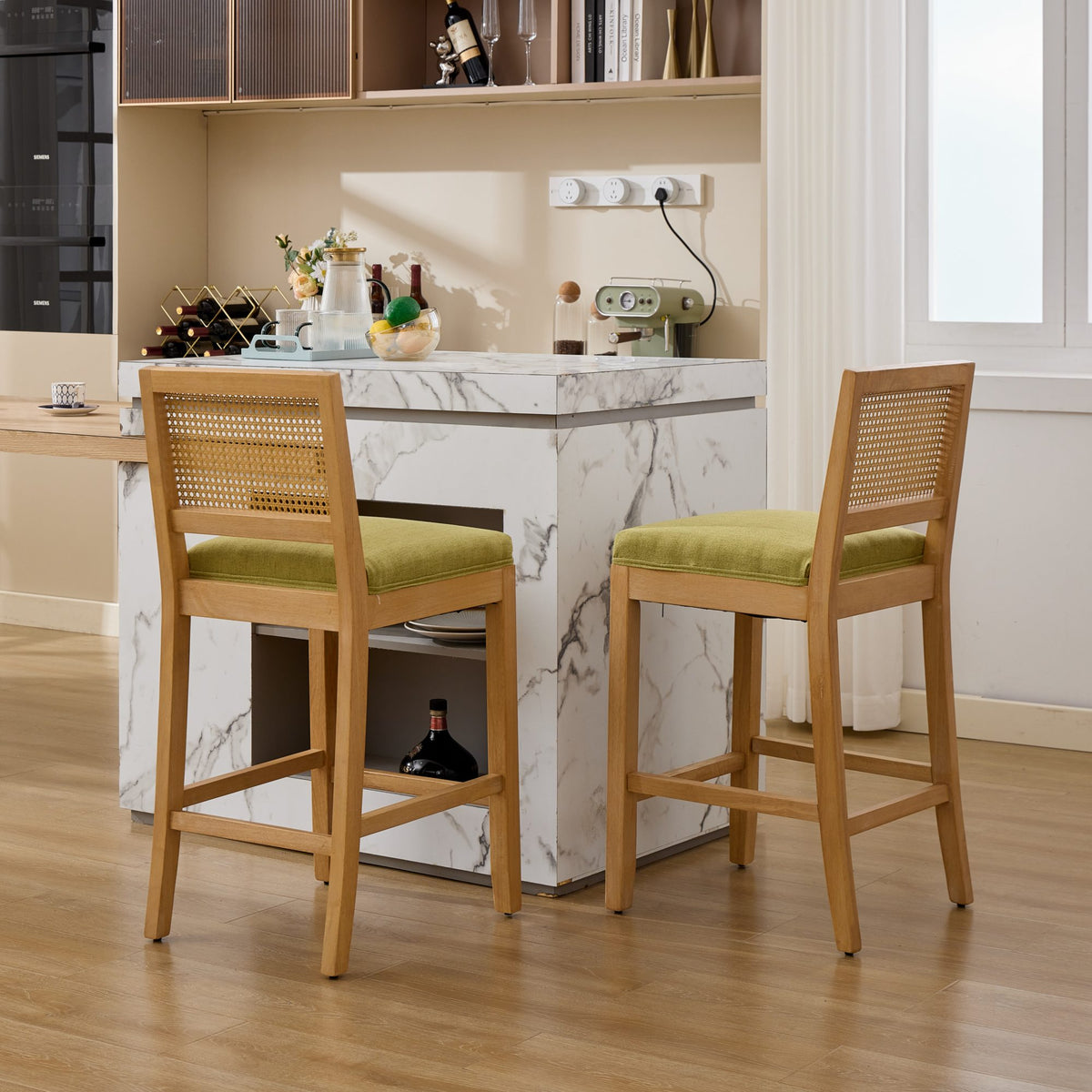 Full Solid Wood Rattan-Back Bar Stool, Matte Linen Cushion with High-Resilience Foam & S-Springs, Ideal for Rustic/Natural Style Kitchen Island, Low Bar in Dining Room & Café,Set of 2,Green,SW1872OL