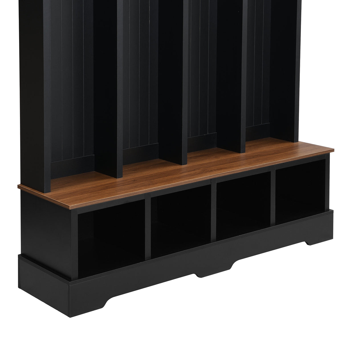 Farmhouse Hall Tree with 8 Hooks, Practical Entryway Bench with Open Compartments, 76.7'H Modern 3-in-1 Wooden Style Coat and Shoe Rack for Mudroom, Living Room, Black