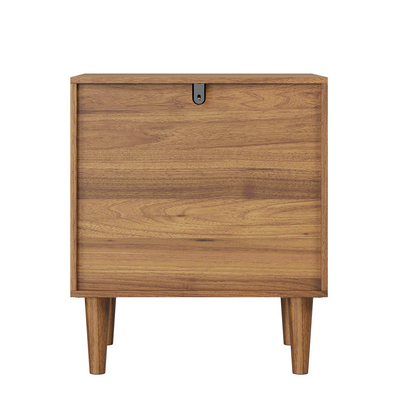 Medieval-style modern bedside table with double drawers for storage and solid wood legs; bedroom side table, bedside storage cabinet, compact bedside table, walnut color.