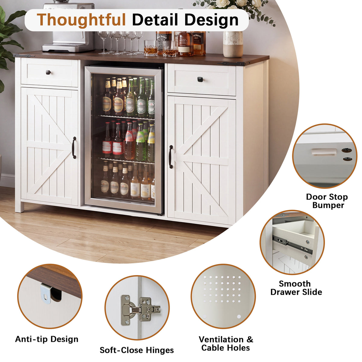 Farmhouse Coffee Bar with Mini Fridge Space & Built-in Charging Station,Large Bar Cabinet with Drawers & Adjustable Shelves for Kitchen, Dining Room, or Living Room, White