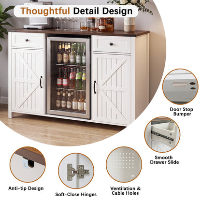 Farmhouse Coffee Bar with Mini Fridge Space & Built-in Charging Station,Large Bar Cabinet with Drawers & Adjustable Shelves for Kitchen, Dining Room, or Living Room, White