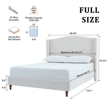 Hannah Upholstered Wingback Bed Size Full / Tall 54" Headboard Upholstered Full  Bed / Premium Textured Canvas Chenille Look Ivory / Minimalist Designs / No Box Spring Needed / Easy Assembly / Full