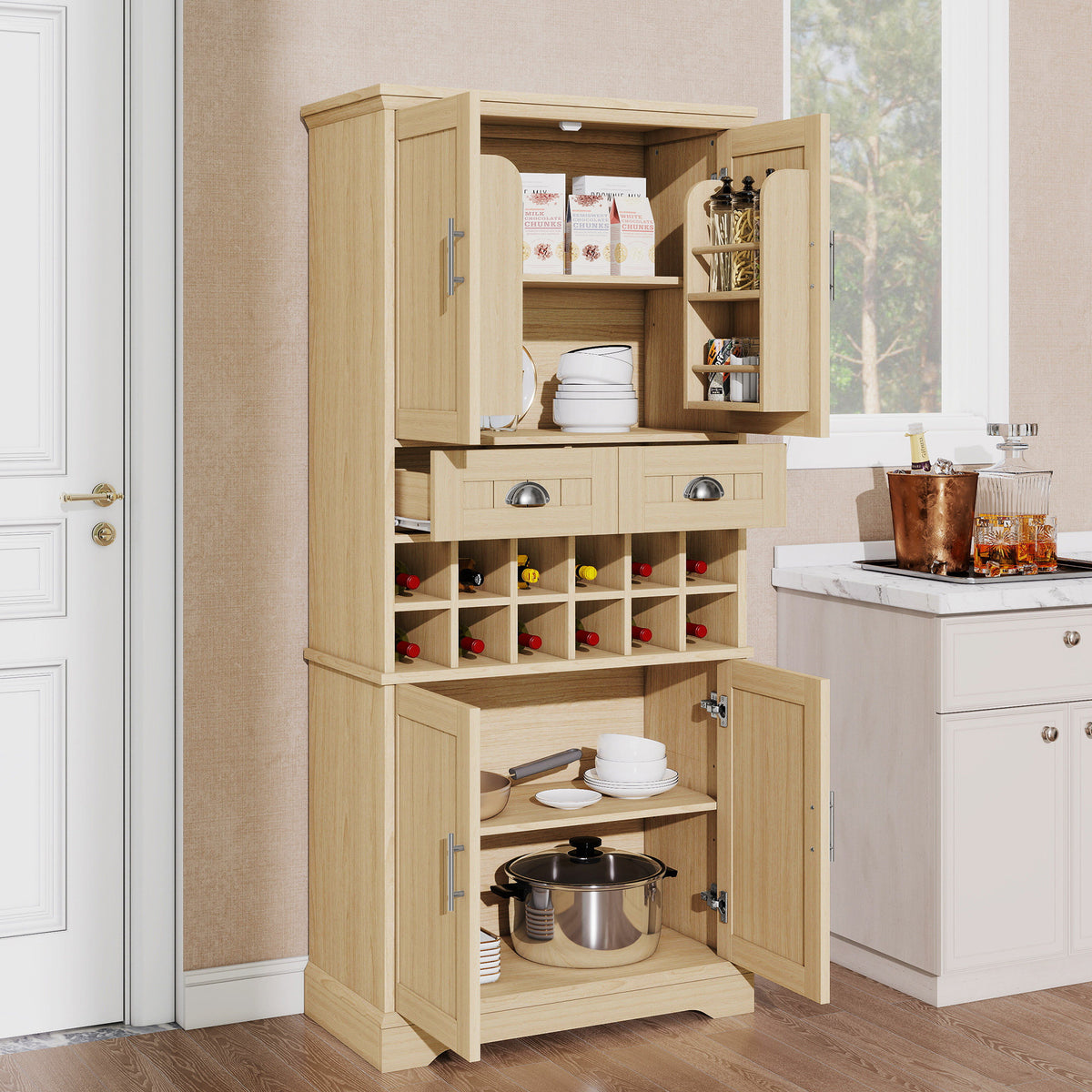 70.9" Tall Farmhouse Wine Storage Cabinet, Removable 12-Bottle Wine Rack, 2 Spacious Drawers, 4 Door Shelves, Adjustable Shelves & 2-Tier Storage Cabinets for Kitchen, Dining Room,Natural
