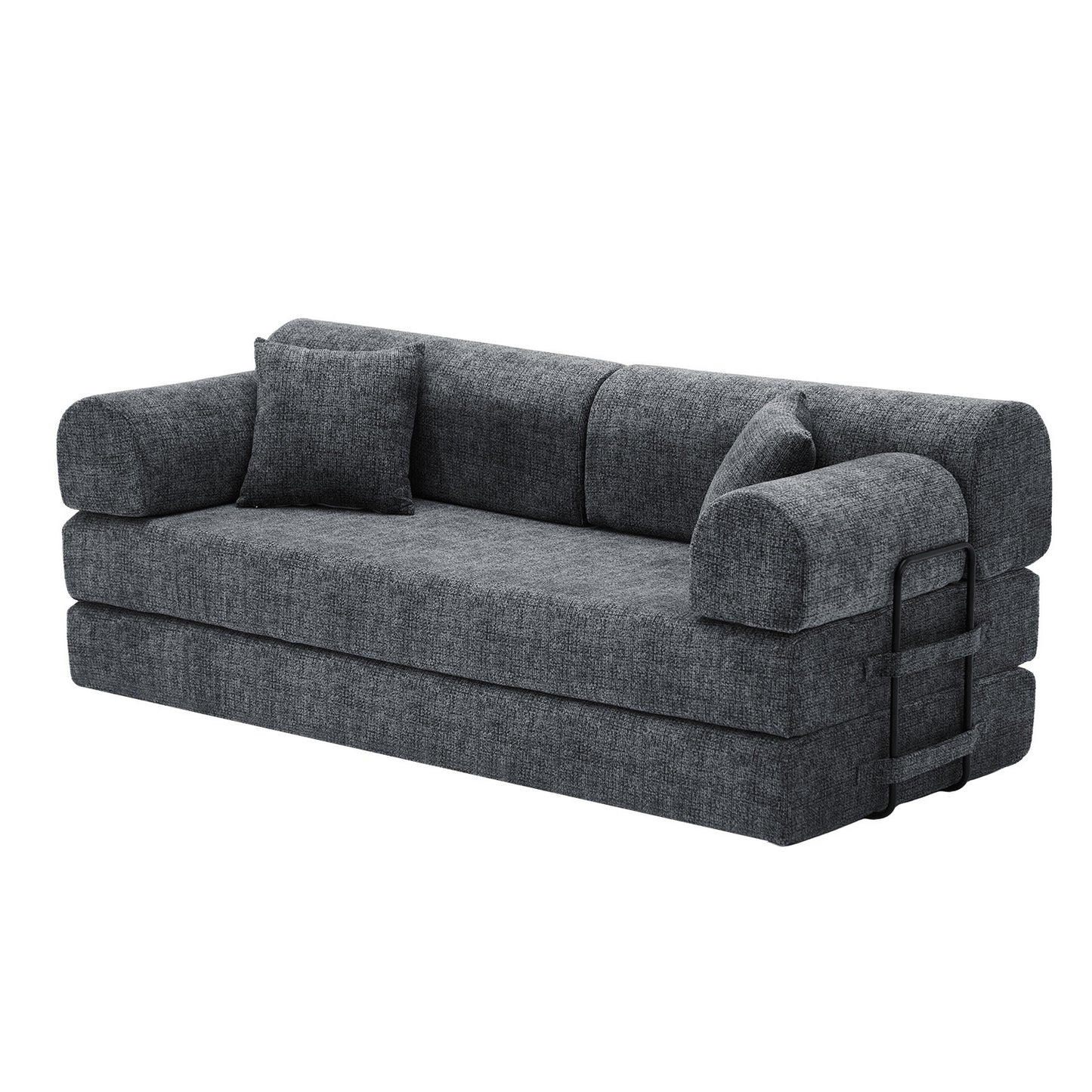 Convertible Sleeper Sofa Bed in Speckled Black with Soft Boucle Fabric,Folding Mattress Couch with Fixed-Shape Frame for Living Room or Bedroom