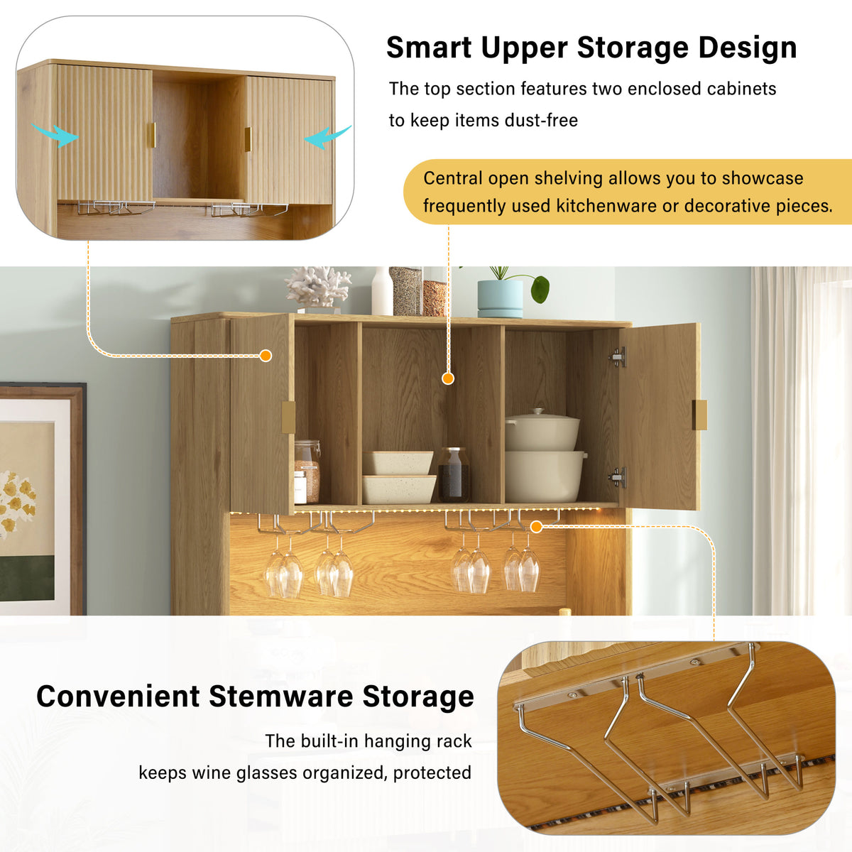 U_Style 72.2" High Kitchen or Bar Cabinet with Electrical Outlet and LED Light, Wine Bottle Storage with Nine-Grid Wine Rack,Multi-Functional Home Sideboard for Dining Room, and Hallway