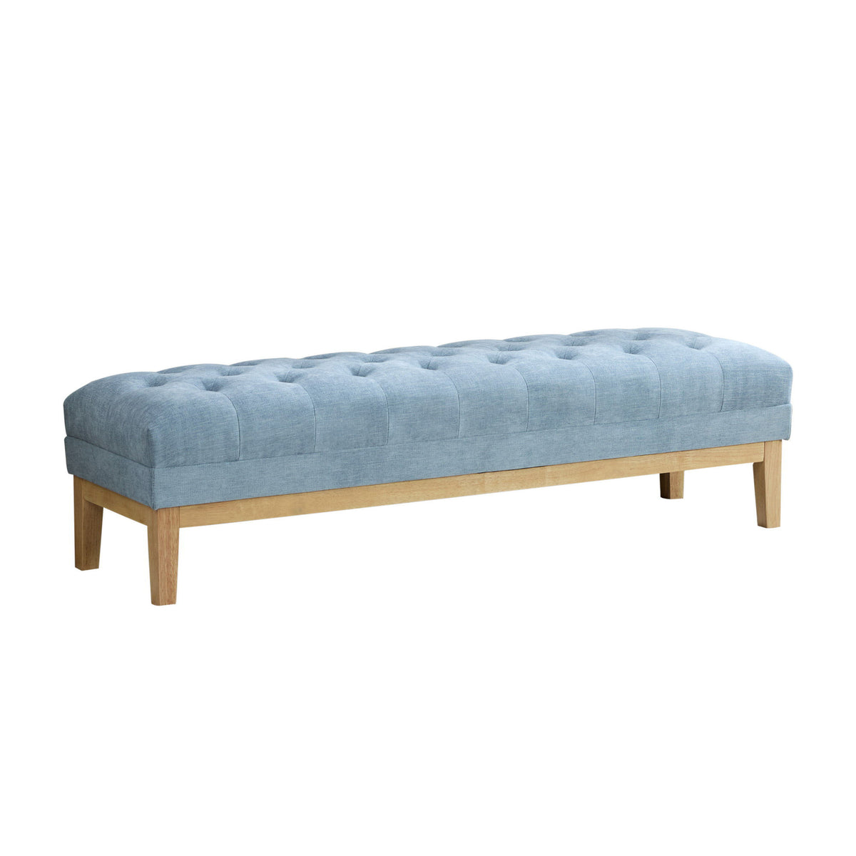63'' Wide Upholstered Chenille Accent End of Bed Bench Ottoman With Nature-finished Rubberwood Legs, Tufted Footstool with Padded Seat for Window Entryway Living Room Bedroom Dining Hallway, Blue