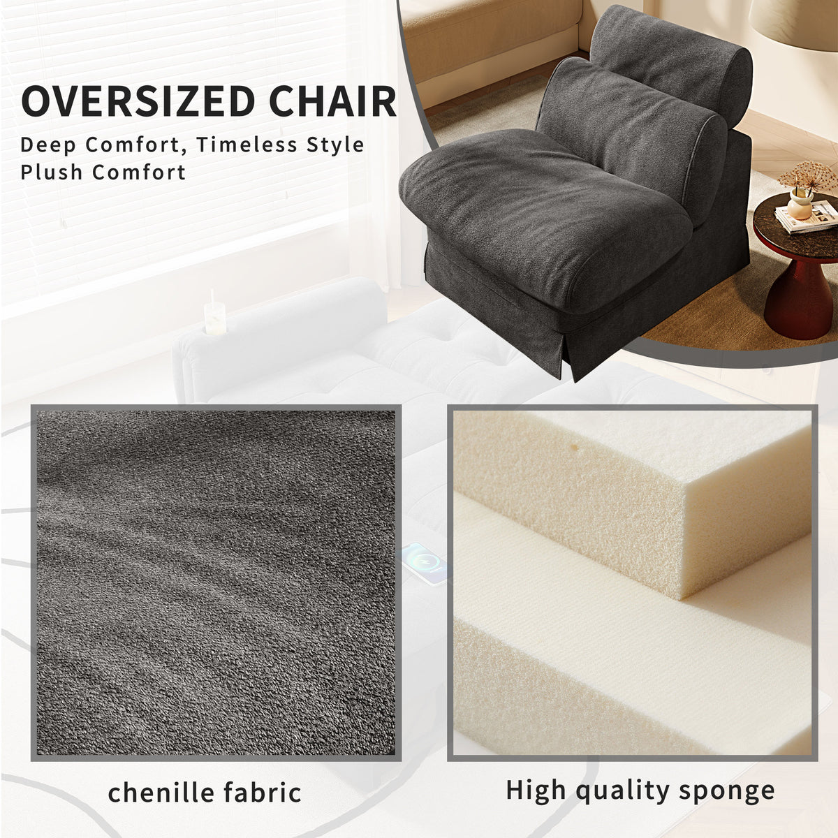 Minimalist Accent Chair with Solid Wood Frame, Soft Medium-Firm Chenille Upholstery, Ideal for Living Room, Bedroom, Balcony & Office Reading Nook