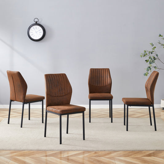 Luxury Simple Chair - Set of 4 Brown Technology Fabric Material High Resilience Dining Chair with Metal Black Leg.The Chair Back Has a Vertical Stripe Design With Smooth And Uniform Lines.