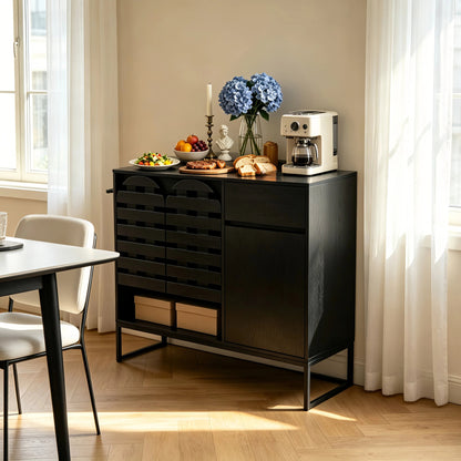 Buffet Cabinet with Storage: 44.49"Black Woven Door Accent Cabinets,with Arched Doors,with Multi layer Adjustable,with Metal Leg,woven door and drawer - for Kitchen Living Dining Room Entryway
