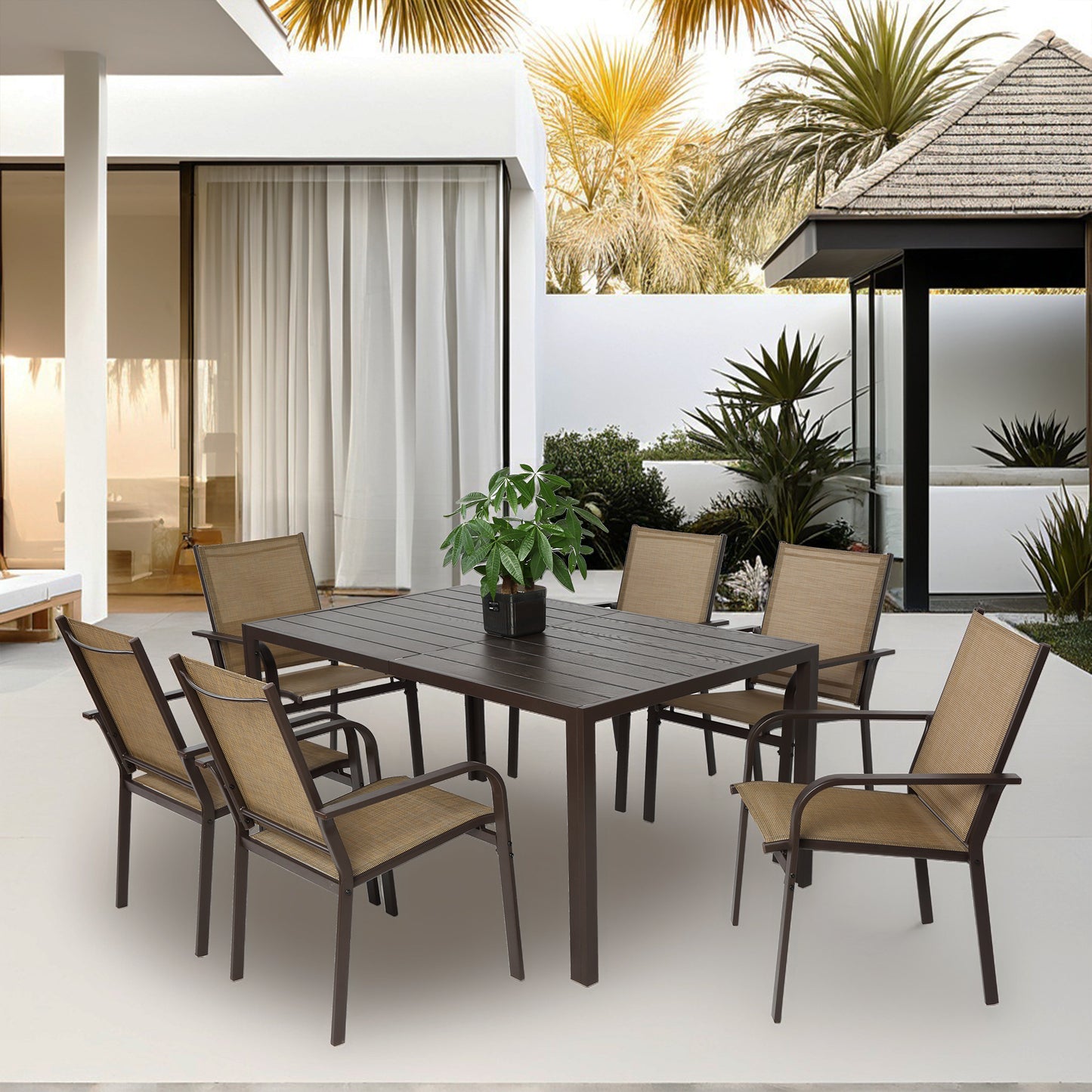7 Pieces Patio Dining Set,  Outdoor Furniture Table and 6 Textilene Chairs, Outdoor Furniture with Rectangular Table and 6 Stackable Chairs Family Conversation Set for Garden Backyard Deck-Brown