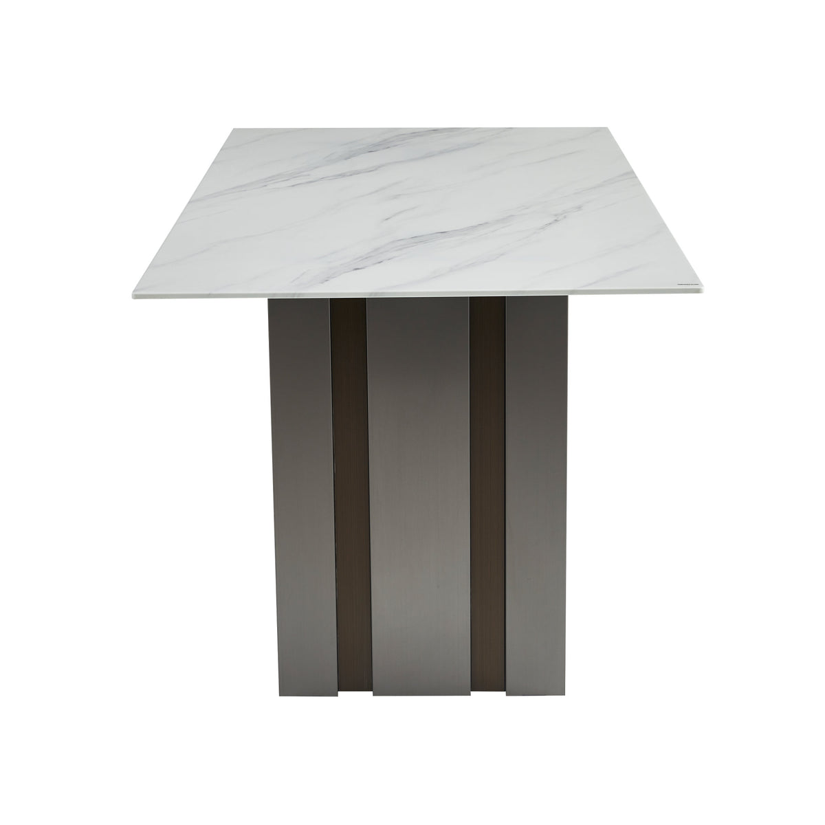 Modern Rectangular Dining Table, Tempered Glass with Marble Texture Top, Matte Gray Brushed Metal Legs, 4-6 Person Capacity, White Marble Finish, 69.30 Inch