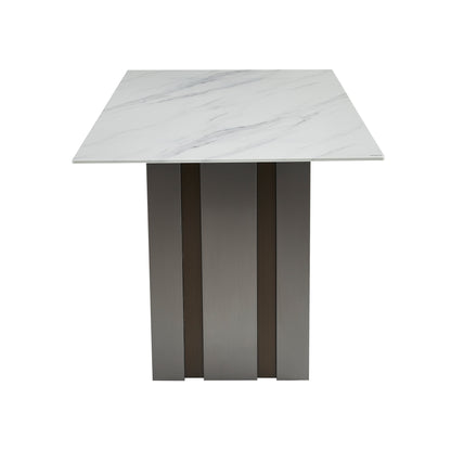 Modern Rectangular Dining Table, Tempered Glass with Marble Texture Top, Matte Gray Brushed Metal Legs, 4-6 Person Capacity, White Marble Finish, 69.30 Inch
