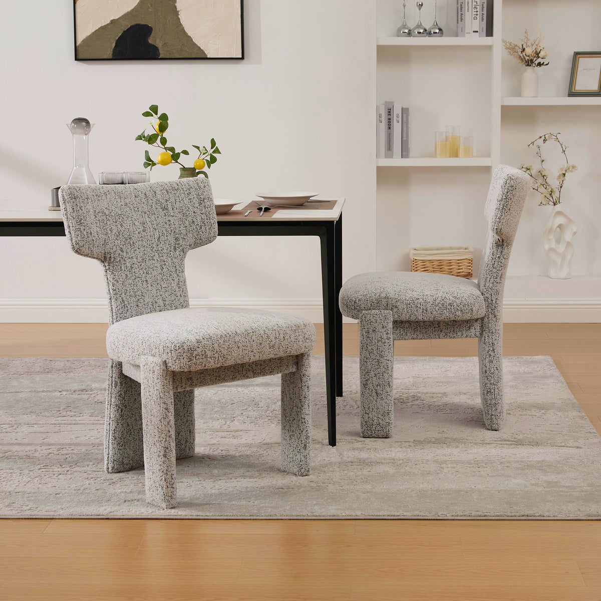 22.05" Wide Modern Upholstered Chenille Dining Chair Set of 2 with Rubberwood Legs, Armless Curved Back Accent Chairs for Living Room Bedroom Restaurant Cafes Dining Room Reception, White/Black