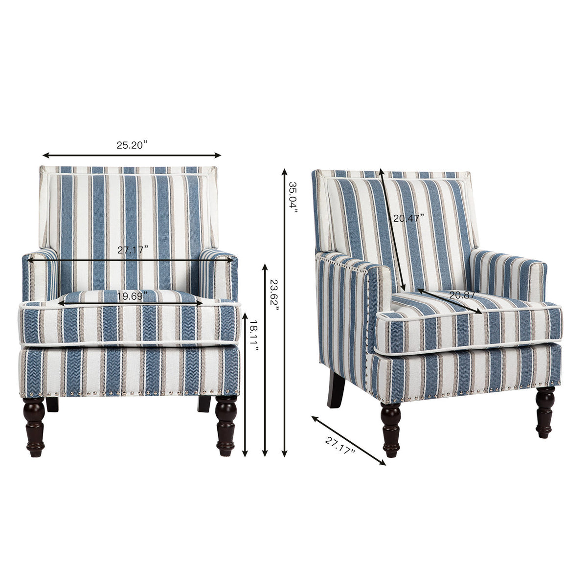 Upholstered Accent Chair, Vintage Armchair with Solid Wood Legs, Blue and White Striped Linen Fabric and Nailhead Trim for Living Room