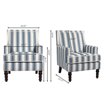 Upholstered Accent Chair, Vintage Armchair with Solid Wood Legs, Blue and White Striped Linen Fabric and Nailhead Trim for Living Room