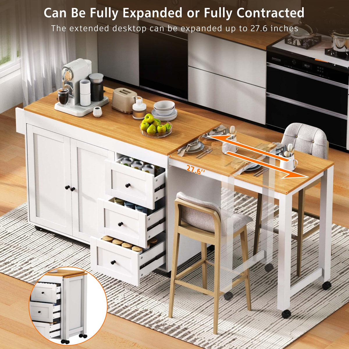 K&K 74.8" Kitchen Island with Extendable Dining Table, Kitchen Storage Cart with 3 Drawers, Power Outlet