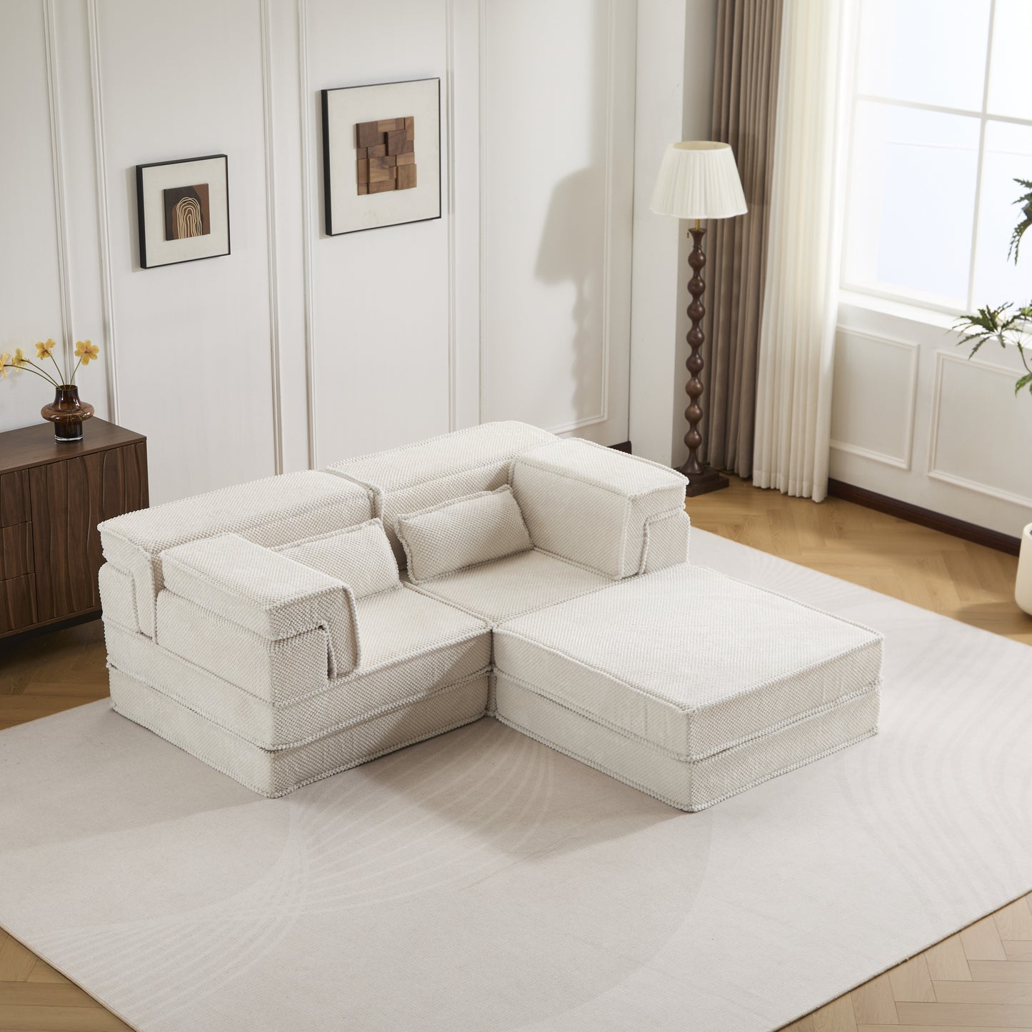 Compression Mahjong Sofa,Convertible Floor Sofa Bed,DIY Boneless Modular Sectional Sofa,No Assembly Required,Circle fleece fabric,Oversized 2 Seater with 1 Ottoman,White
