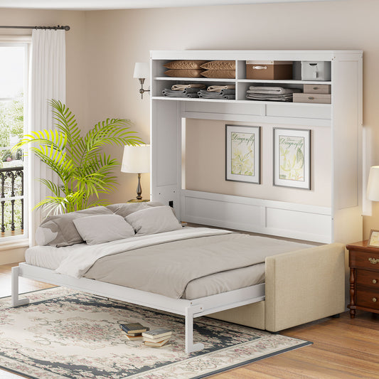 Queen Size Murphy Bed Wall Bed with Sofa,White(OLD SKU:LP000892AAK-1)