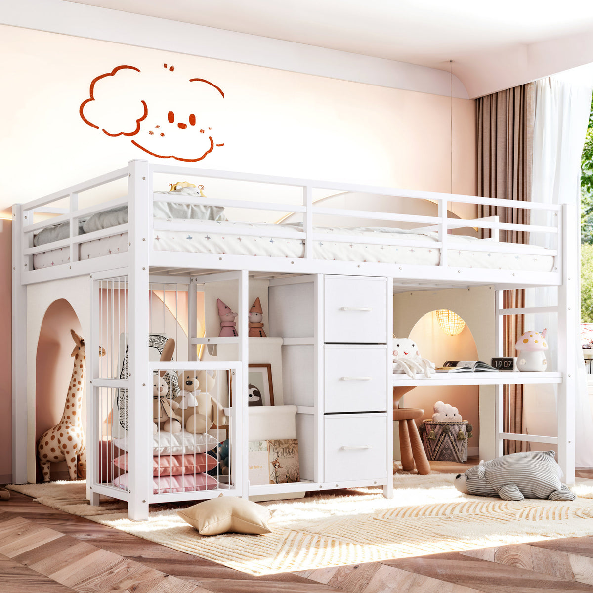 Twin Metal Low Loft Bed for Kids, Low Loft Bed with Storage Drawer, Low Loft Bed with Bookshelf & Built-in Desk, Sturdy Low Loft Bed Frame, Multi-Function Low Loft Bed for Kids.White