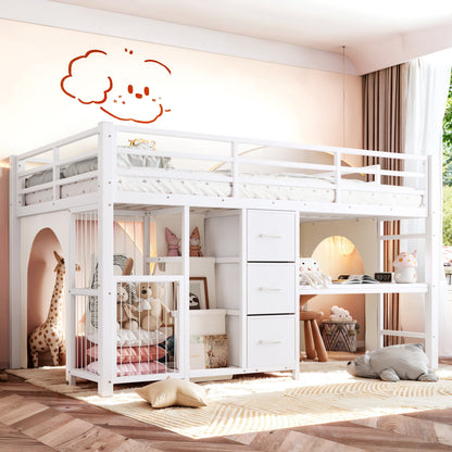Twin Metal Low Loft Bed for Kids, Low Loft Bed with Storage Drawer, Low Loft Bed with Bookshelf & Built-in Desk, Sturdy Low Loft Bed Frame, Multi-Function Low Loft Bed for Kids.White