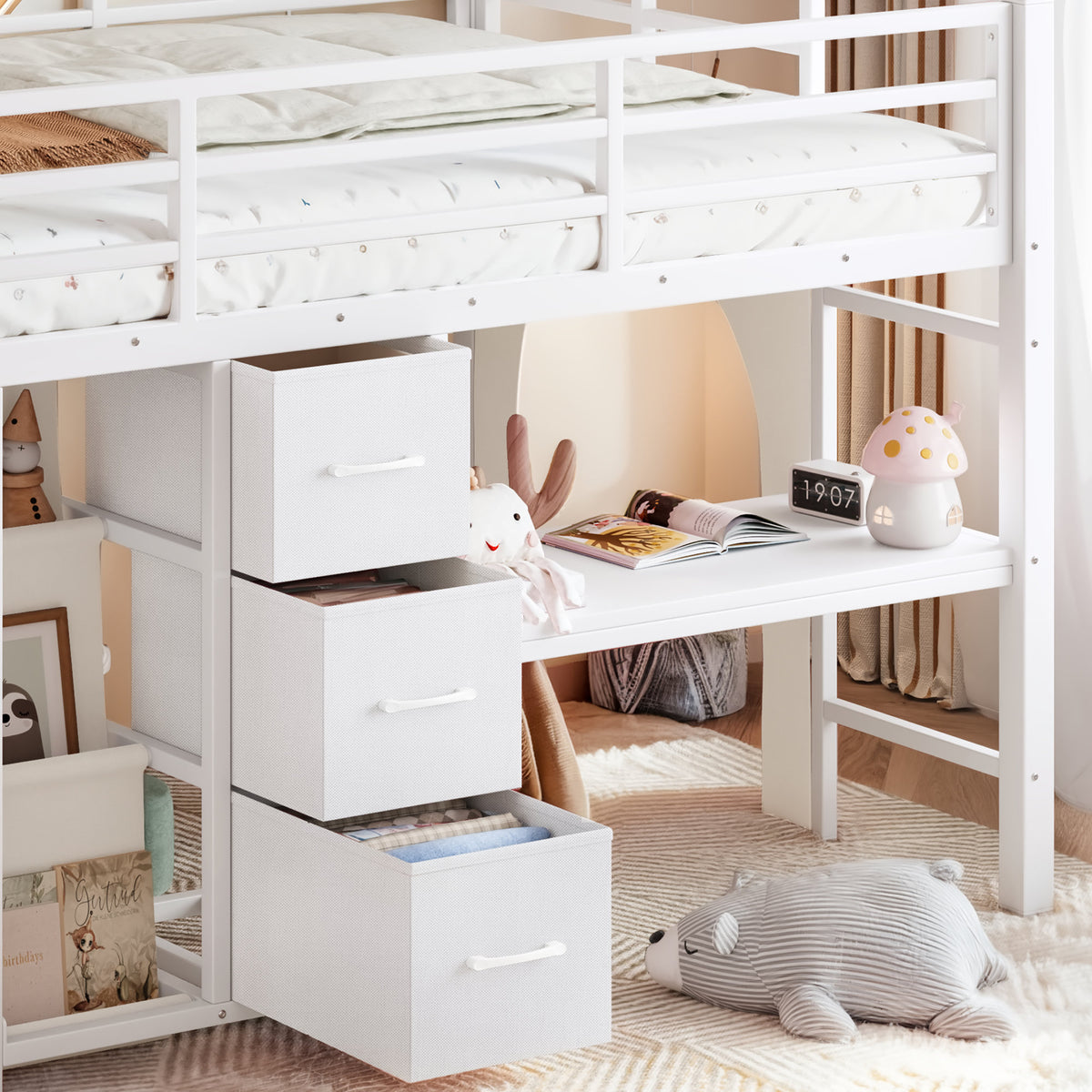 Twin Metal Low Loft Bed for Kids, Low Loft Bed with Storage Drawer, Low Loft Bed with Bookshelf & Built-in Desk, Sturdy Low Loft Bed Frame, Multi-Function Low Loft Bed for Kids.White