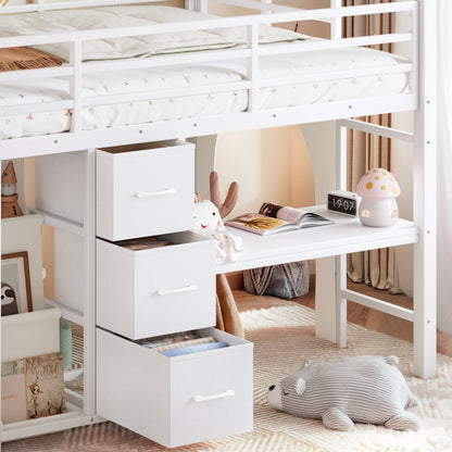 Twin Metal Low Loft Bed for Kids, Low Loft Bed with Storage Drawer, Low Loft Bed with Bookshelf & Built-in Desk, Sturdy Low Loft Bed Frame, Multi-Function Low Loft Bed for Kids.White