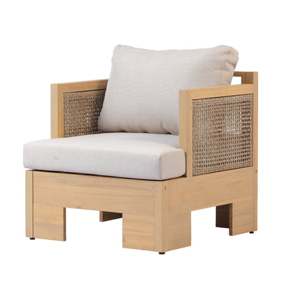Acacia wood and rattan-woven armrests outdoor club chair with a deep seat and soft cushion, suitable for gardens, backyards, porches, and balconies,Set 2(Light Teak+Light Brown Wicker+Beige Cushion).