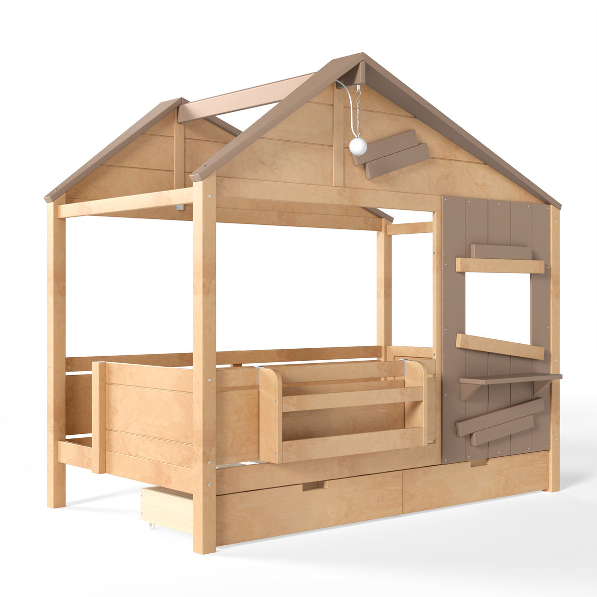 Twin Size Farmhouse Spliced House Bed with Window Shelf & Side Hooks, Playhouse Bed Frame with Underbed Storage Drawers and LED,Light Natural