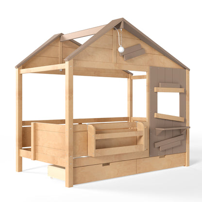 Twin Size Farmhouse Spliced House Bed with Window Shelf & Side Hooks, Playhouse Bed Frame with Underbed Storage Drawers and LED,Light Natural