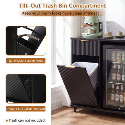 Fluted Coffee Bar Cabinet with Mini Fridge Space & Charging Station, Home Bar Cabinet with Hidden Trash Can Storage & Drawer for Kitchen, Dining Room or Living Room,Black