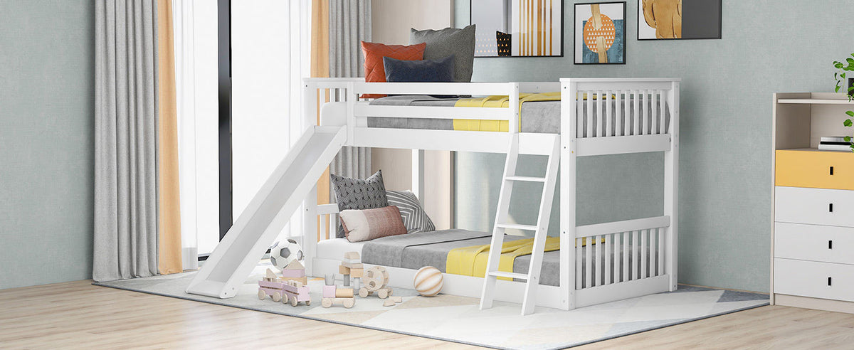 White Twin over Twin Bunk Bed with Convertible Slide and Ladder, Pine Wood, 79.1''L x 42.1''W x 49.4''H