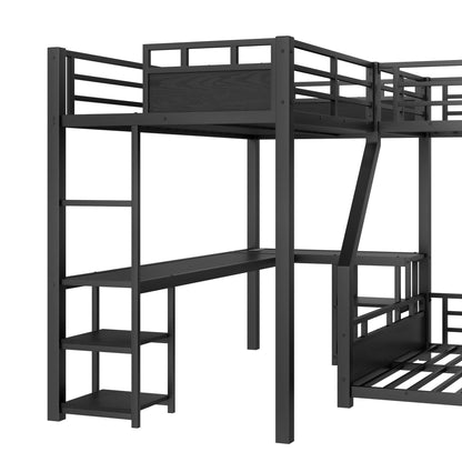 L-Shaped Metal Bunk Bed (Top bed: twin xl, bottom bed: queen) with Single Loft Bed, Desk, and Storage Shelves, USB Charging Port Included - Metal Triple Bunk Bed with Slide,B