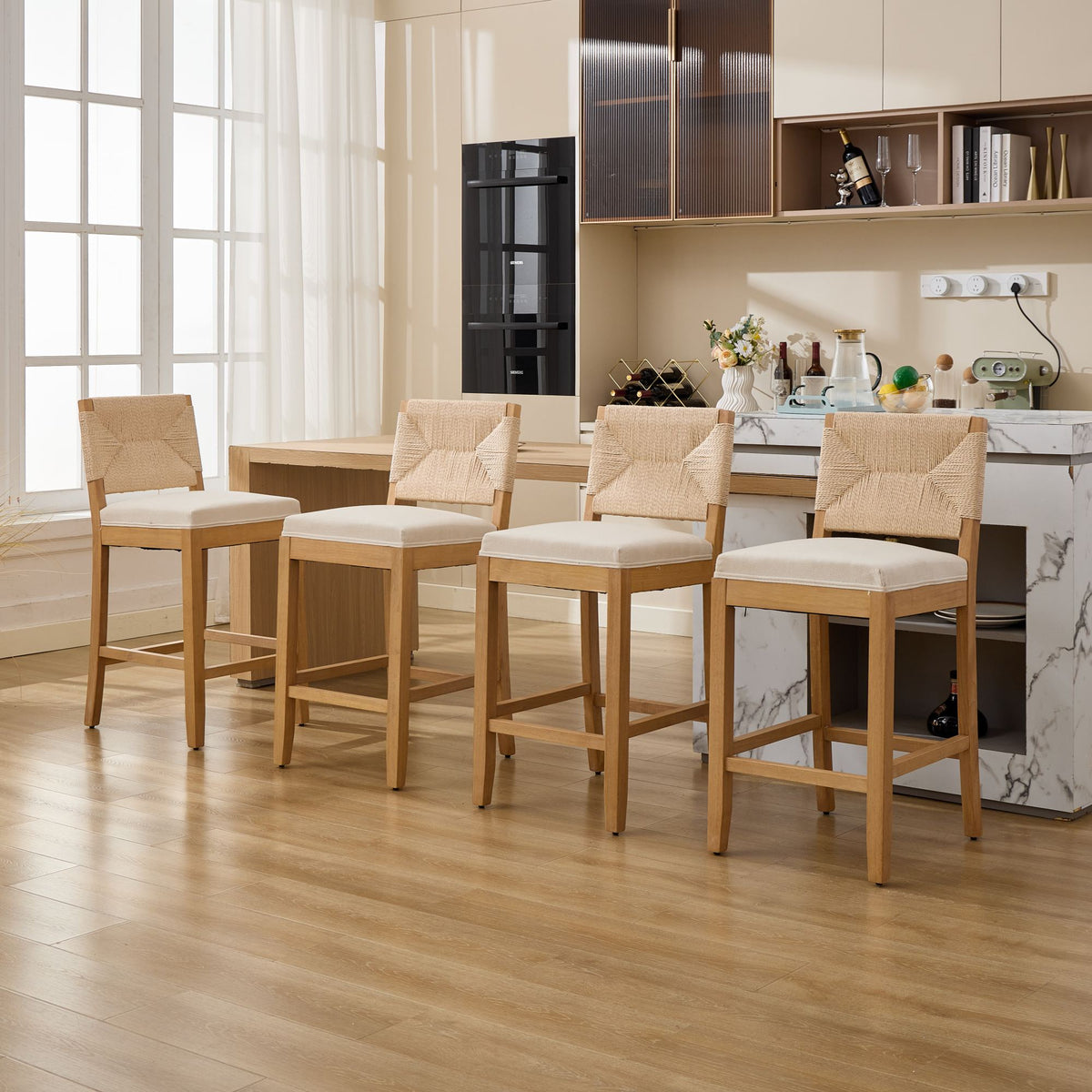 Hand‑Woven Rattan Counter Height Bar Stools Set of 2, 27 Inch Seat Height, Linen Upholstered Barstools with S‑Spring & High‑Density Sponge Cushion, Solid Wood Frame for Kitchen Island,SW1872MT