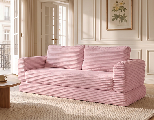55 Inch Convertible Futon Sofa Bed,Folding Boneless Couches with Sleeper Sofa,Fold Out Floor Sofa Couch with Deep Seat,Cloud Corduroy Foldable Mattress Couch for Living Room,Pink