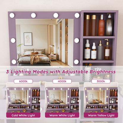 Modern Purple Vanity Desk Set with Padded Stool and Adjustable LED Mirror, 3 Color Light Modes, MDF Construction