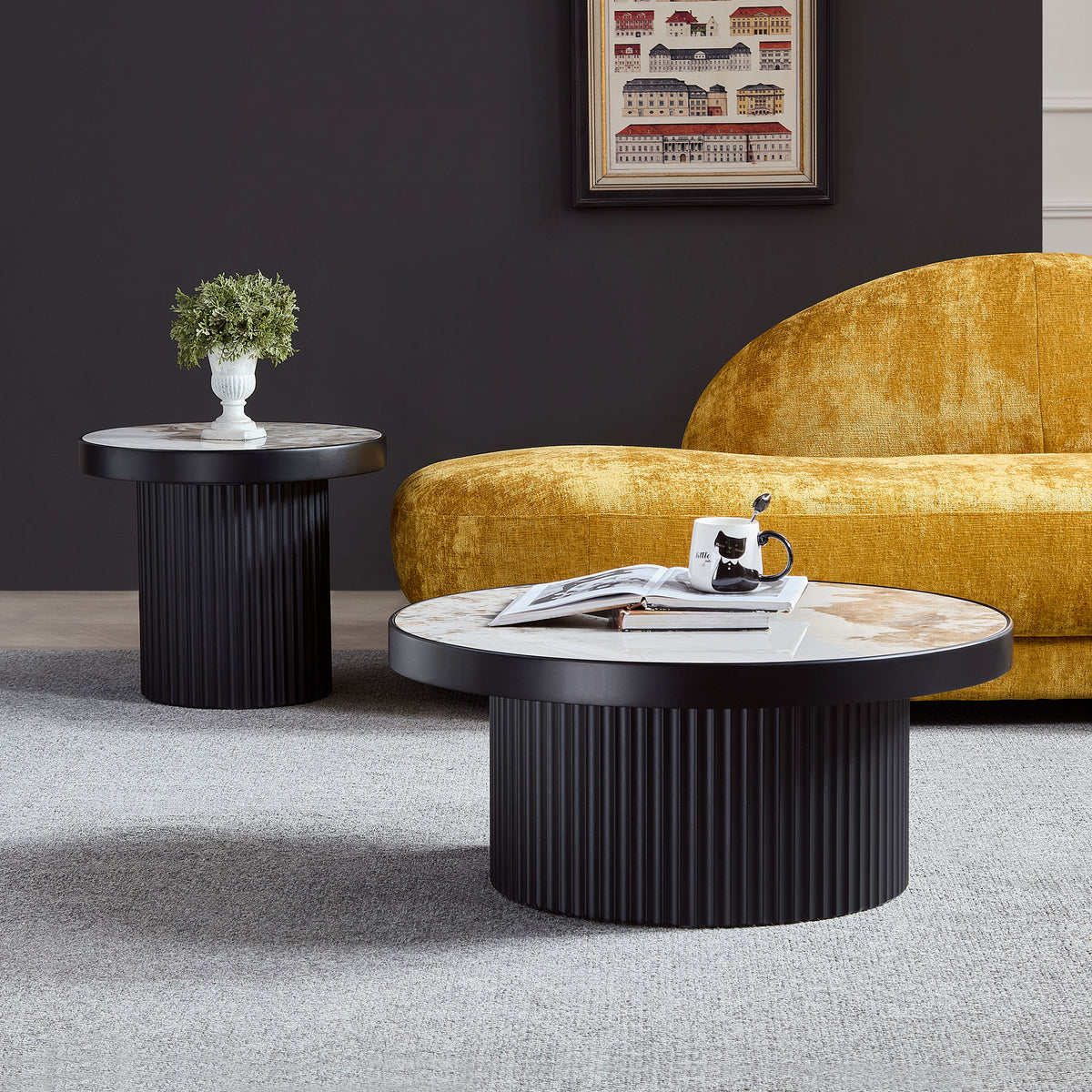 Set of 2 Coffee Table,MDF Round Coffee Table Sintered Stone Tabletop for Living Room Apartment,Leisure Area BLACK