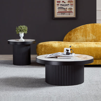 Set of 2 Coffee Table,MDF Round Coffee Table Sintered Stone Tabletop for Living Room Apartment,Leisure Area BLACK