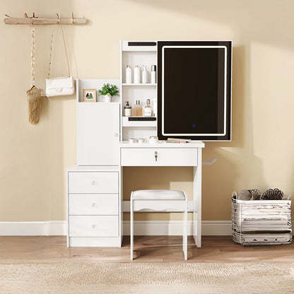 Vanity Desk Set with Sliding Lighted Mirror, Makeup Dressing Table with 4 Drawers & 9 Storage Spaces