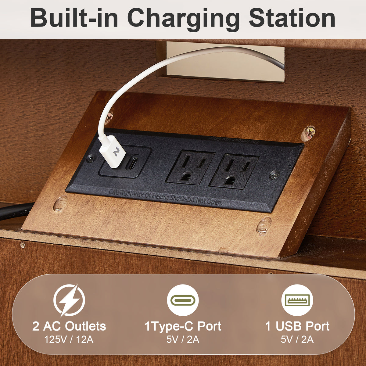 Nightstand with Charging Station, 2 Drawer Bedside Table with Shelf  Features geometric drawer fronts, open storage, USB and AC charging, and solid wood legs for everyday convenience