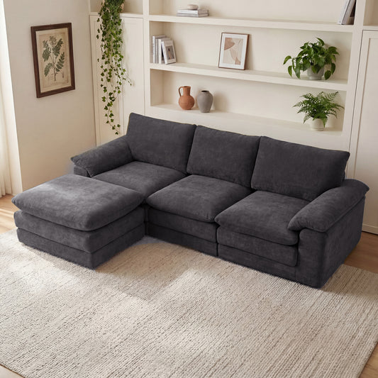 Modular Sectional Sofa, U Shape Cloud Couch with 1 Movable Ottoman, Comfy Chenille Deep Seat Sofa with Soft Pillows for Living Room Apartment (Black)