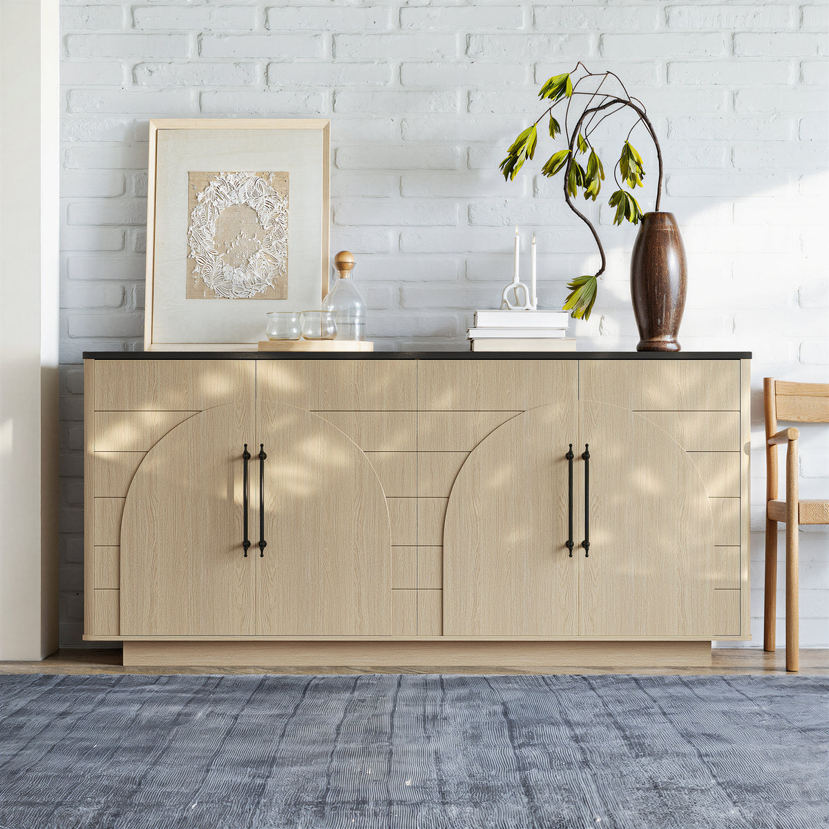 67' Modern Sideboard Buffet Cabinet, 4-Door Storage Cabinet with Arched Geometric Doors and Black Top, Large Wood Credenza TV Stand for Dining Room & Living Room, Oak.