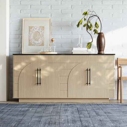 67' Modern Sideboard Buffet Cabinet, 4-Door Storage Cabinet with Arched Geometric Doors and Black Top, Large Wood Credenza TV Stand for Dining Room & Living Room, Oak.